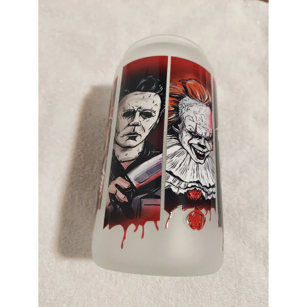 Horror Movie Characters Frosted Glass Tumbler with Straw & Bamboo Lid‎